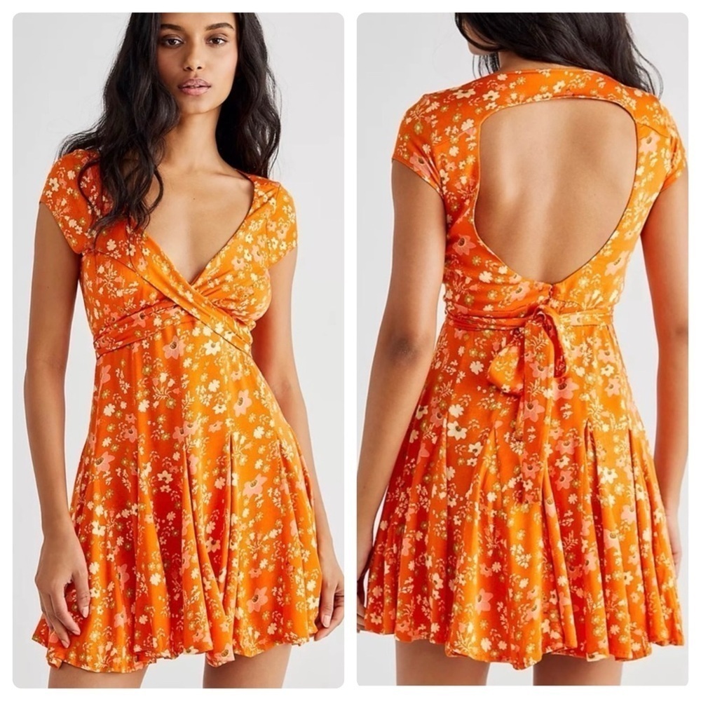 Free People It Takes Two Floral Print V-Neck Open Back Dress in Peach Combo Sz M